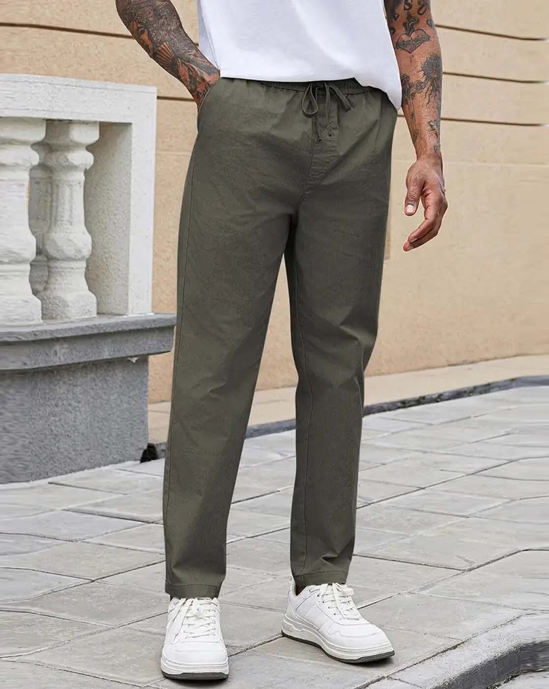 Mens Linen Blue Solid Contemporary Fit Casual Trousers