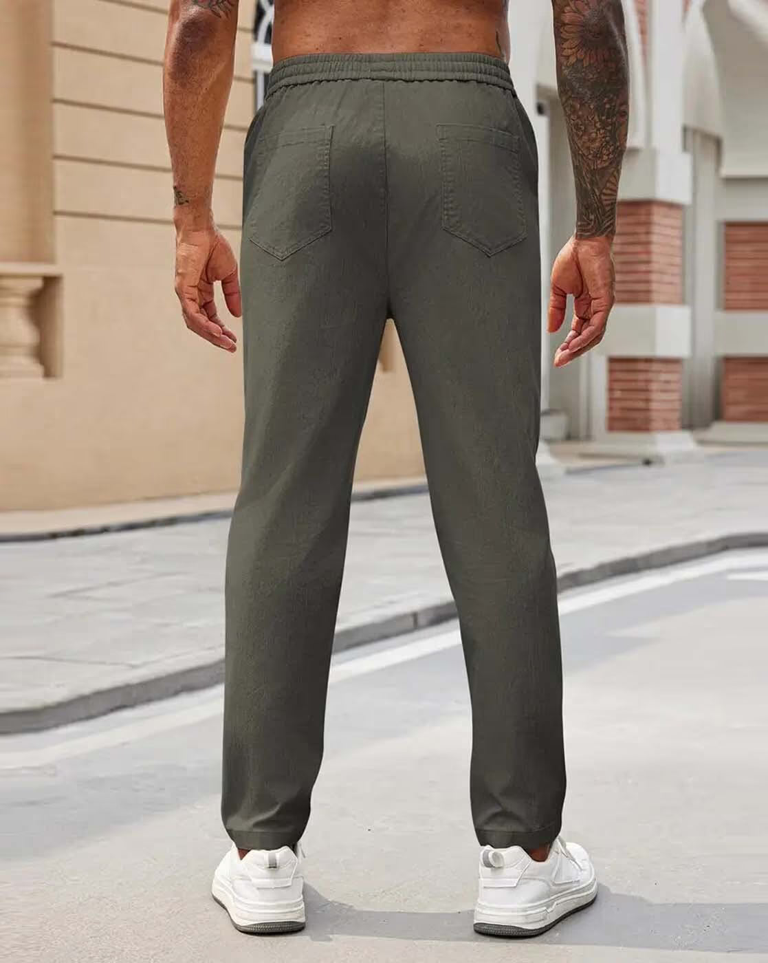 Mens Linen Blue Solid Contemporary Fit Casual Trousers