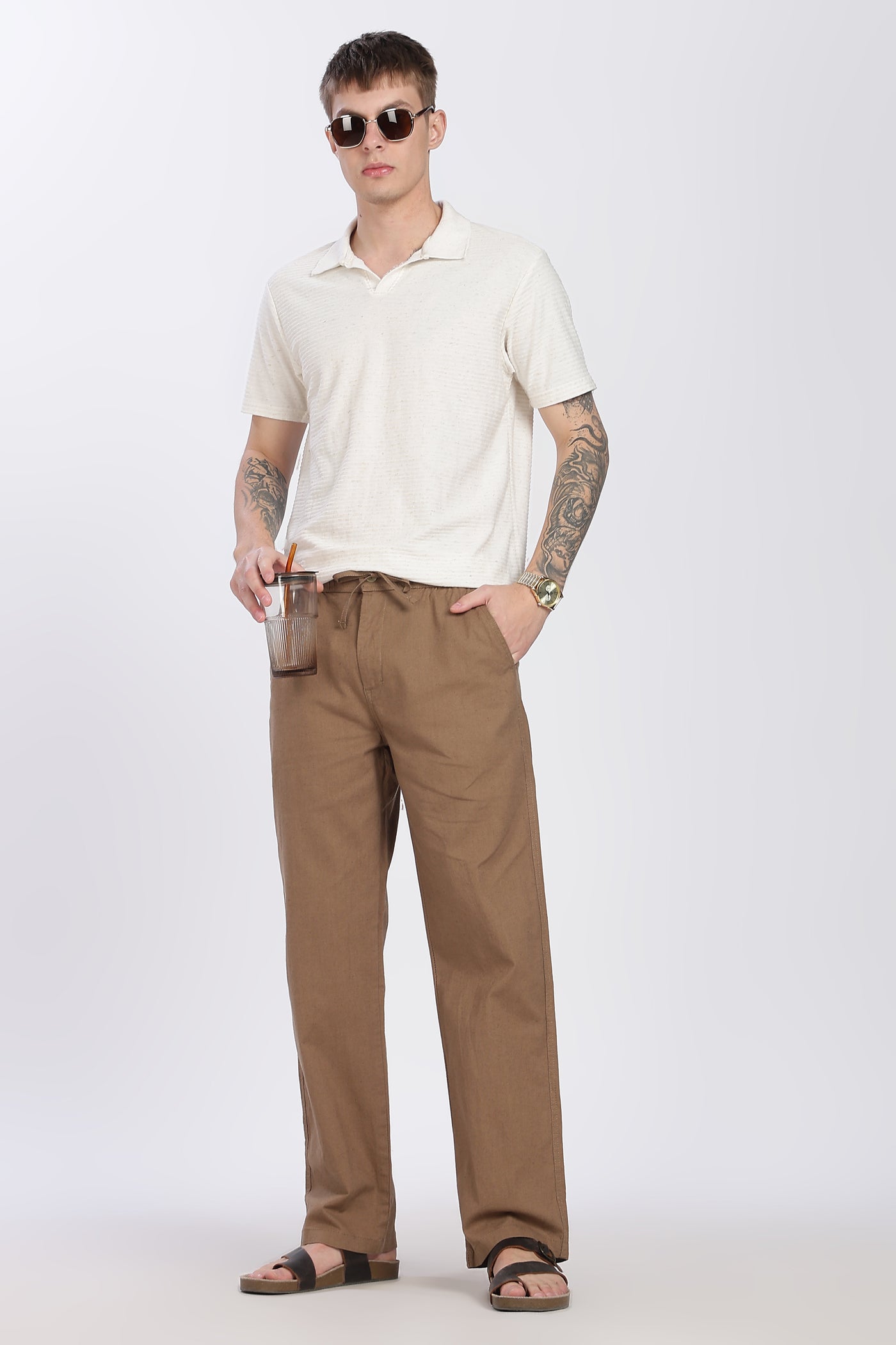 Men's Classic  Brown Linen Comfort Trousers