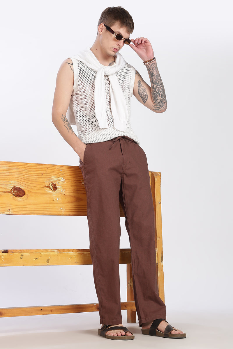 Men’s Cofee  Brown Linen Casual Trousers