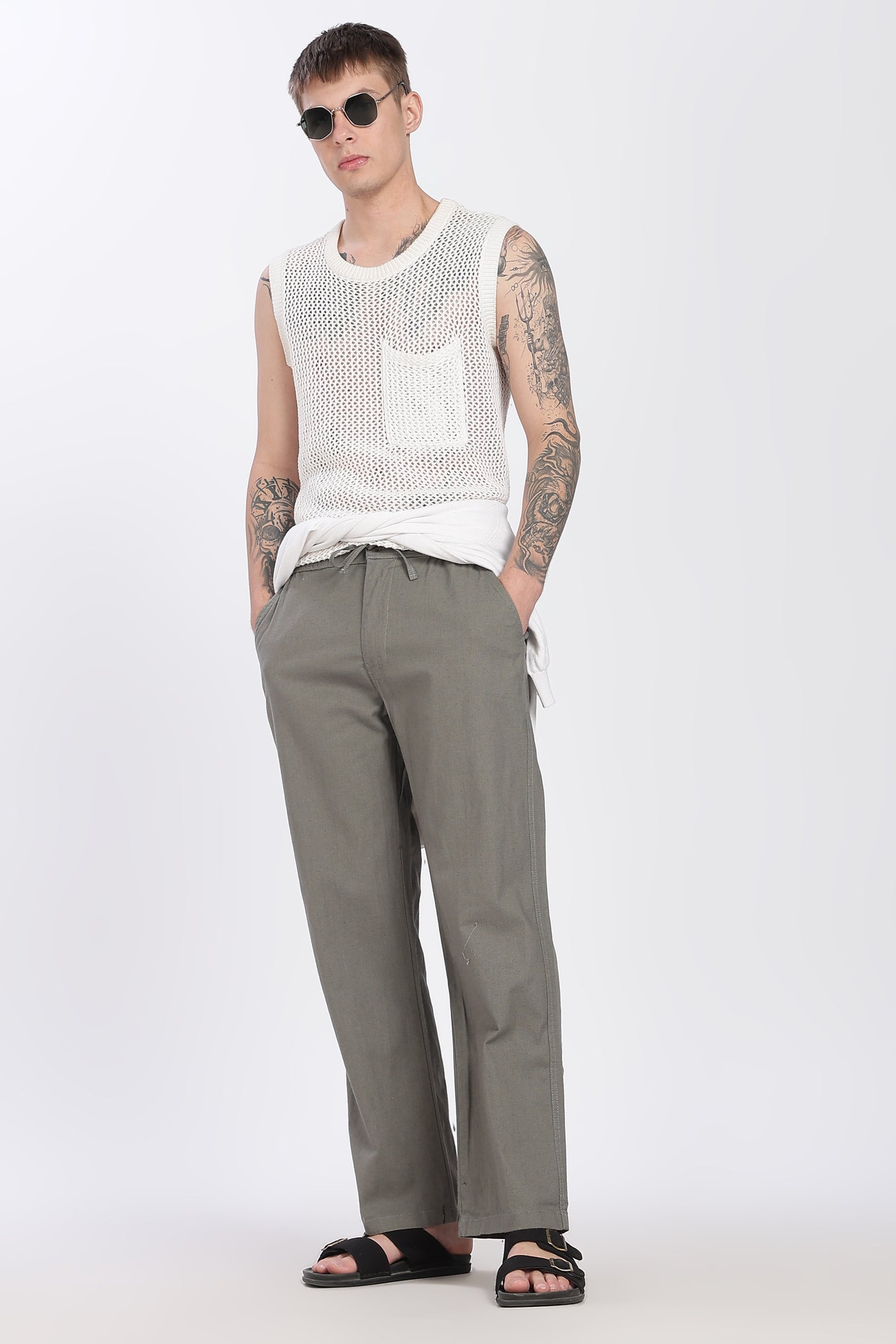 Men's Linen Greenish Grey Comfort Trousers
