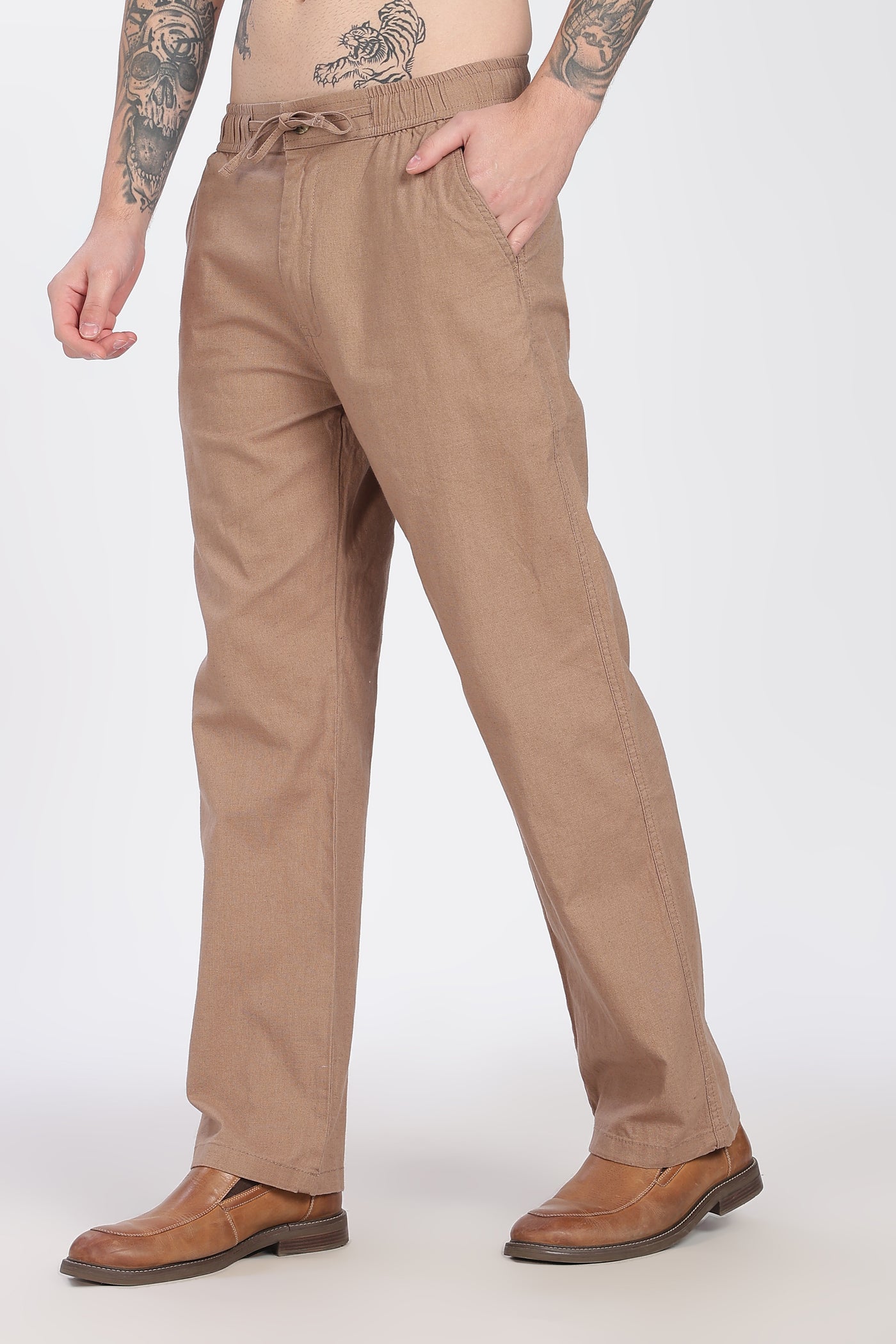 Men's Linen Light Brown  Comfort Trousers