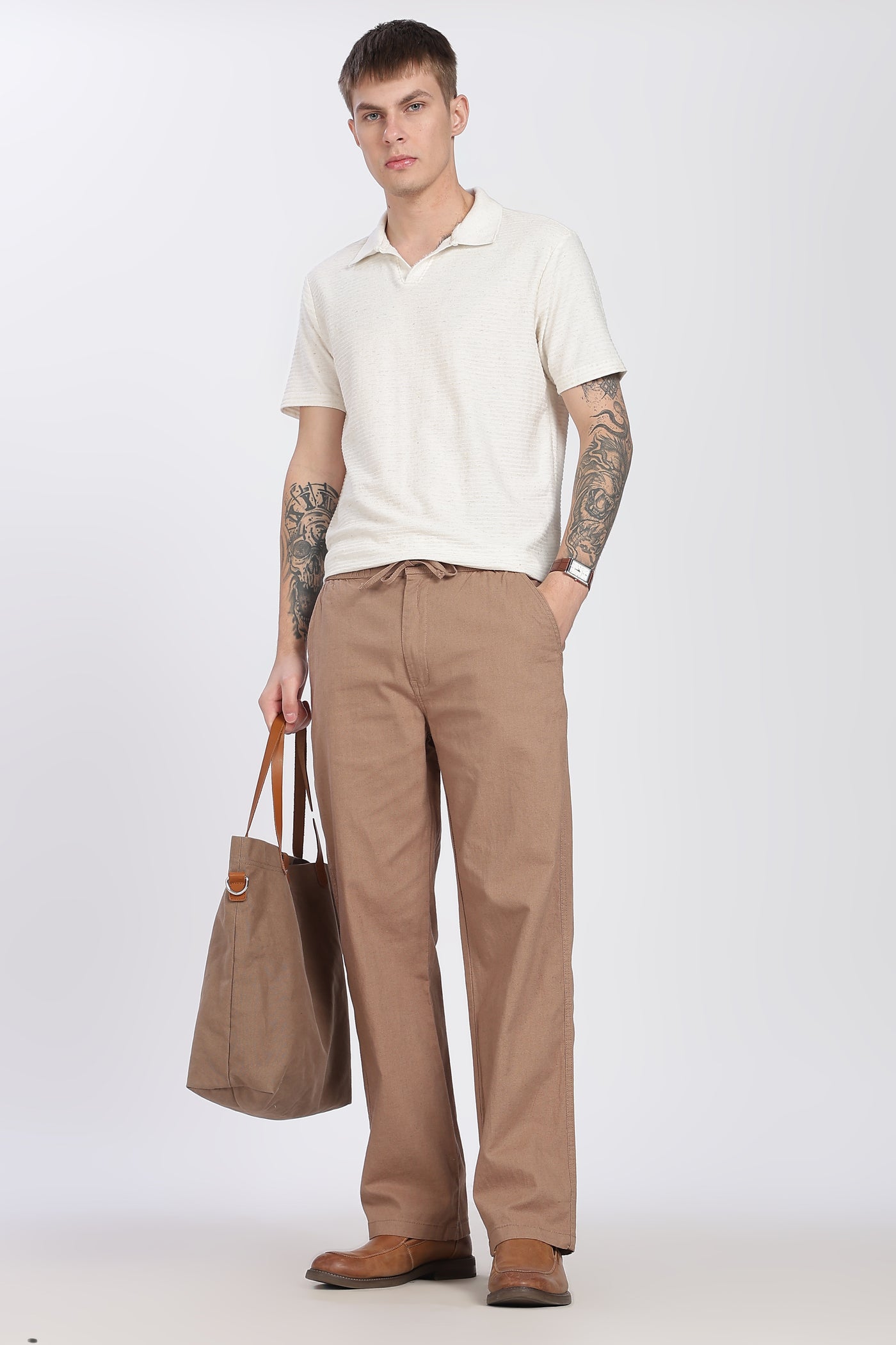 Men's Linen Light Brown  Comfort Trousers