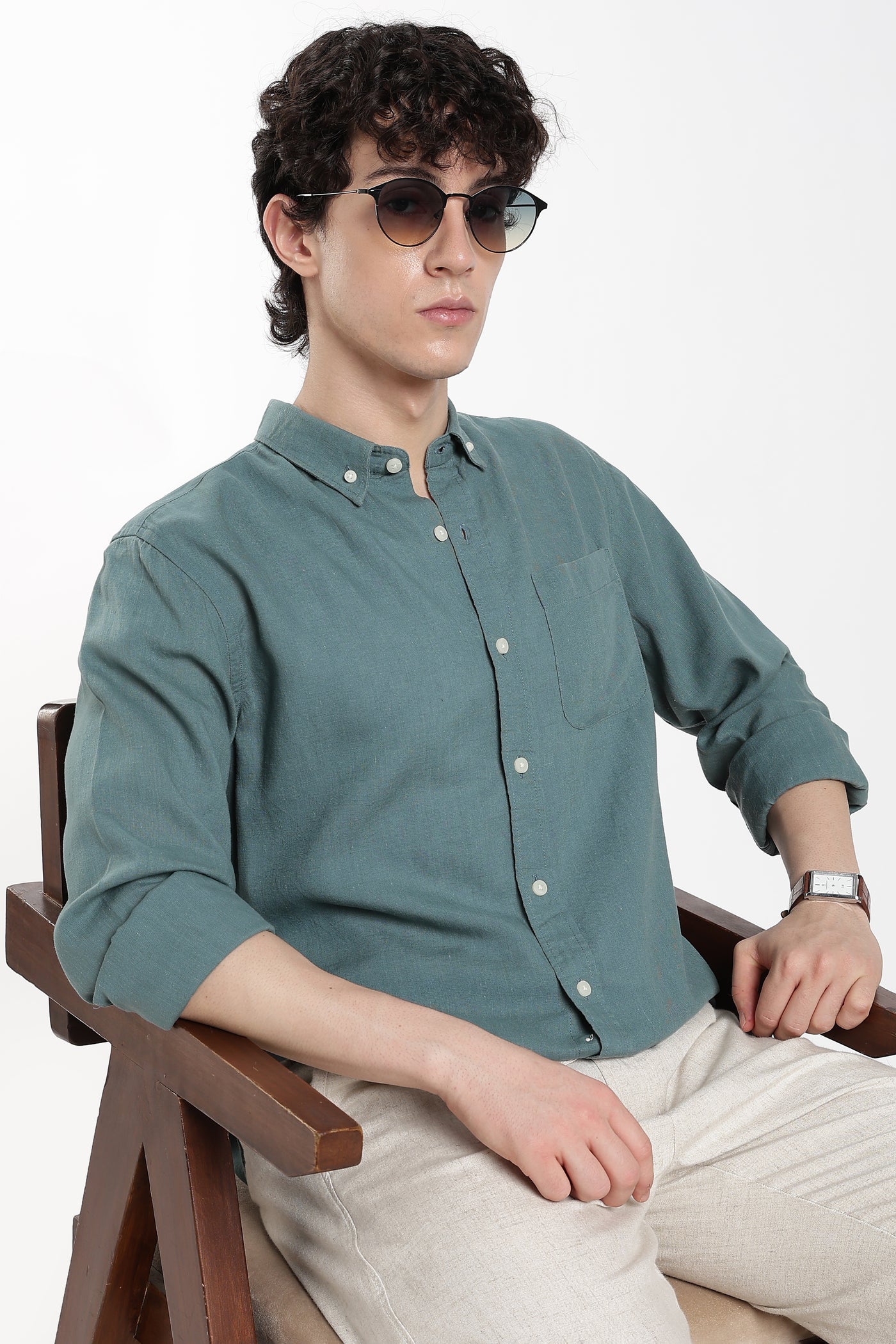 Men's Premium  Linen Sage Green Casual Shirt