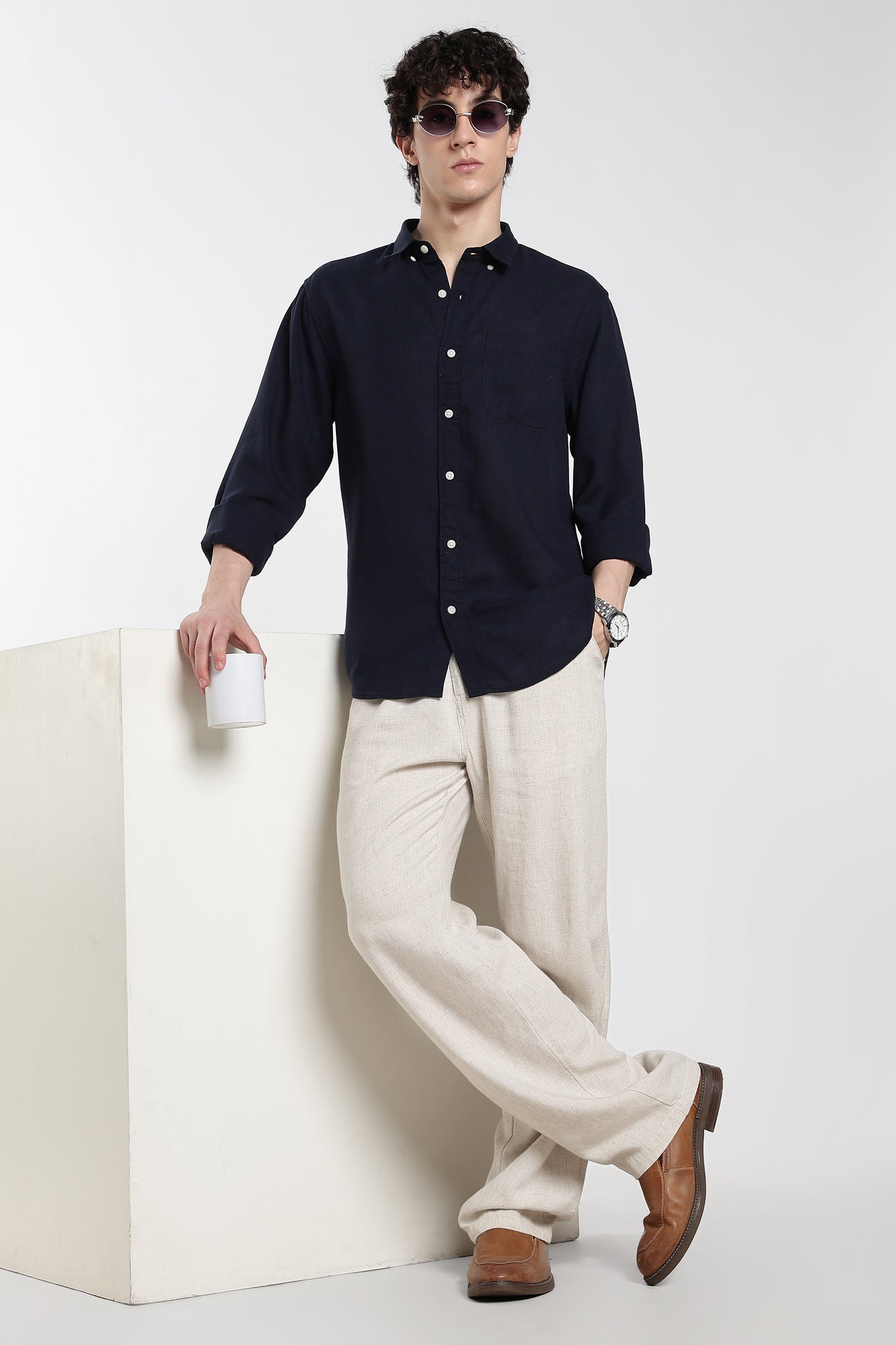 Men's Linen Premium Dark Navy Blue Shirt