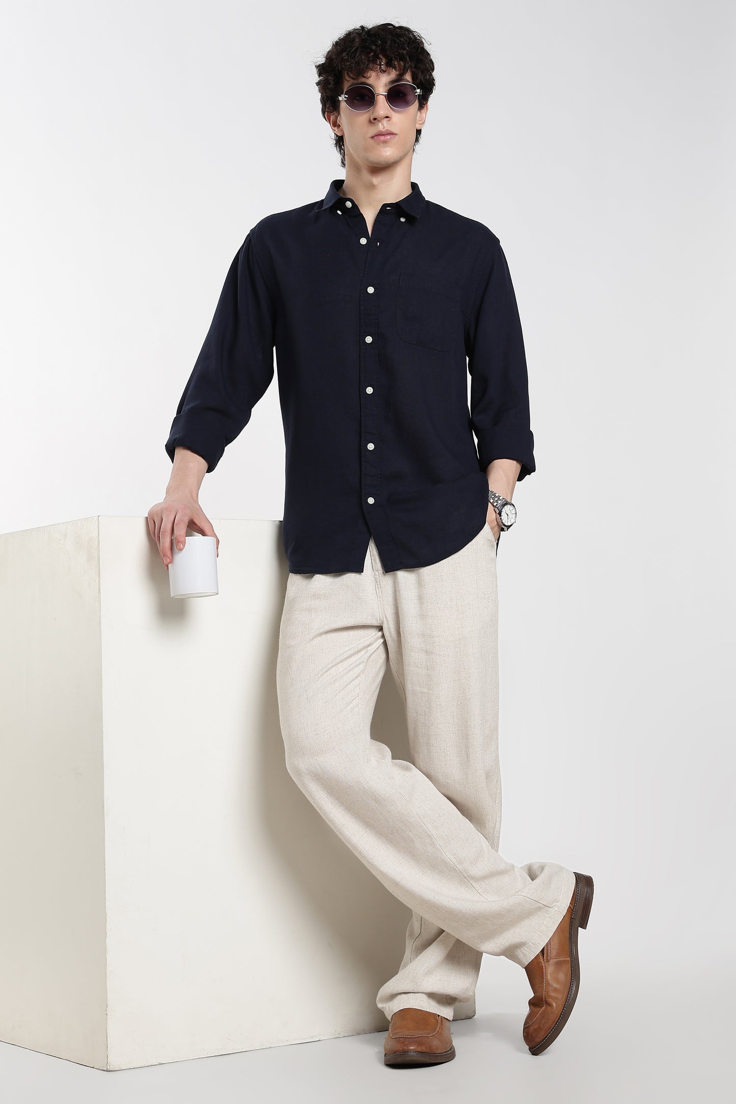 Navy Blue Linen Shirt