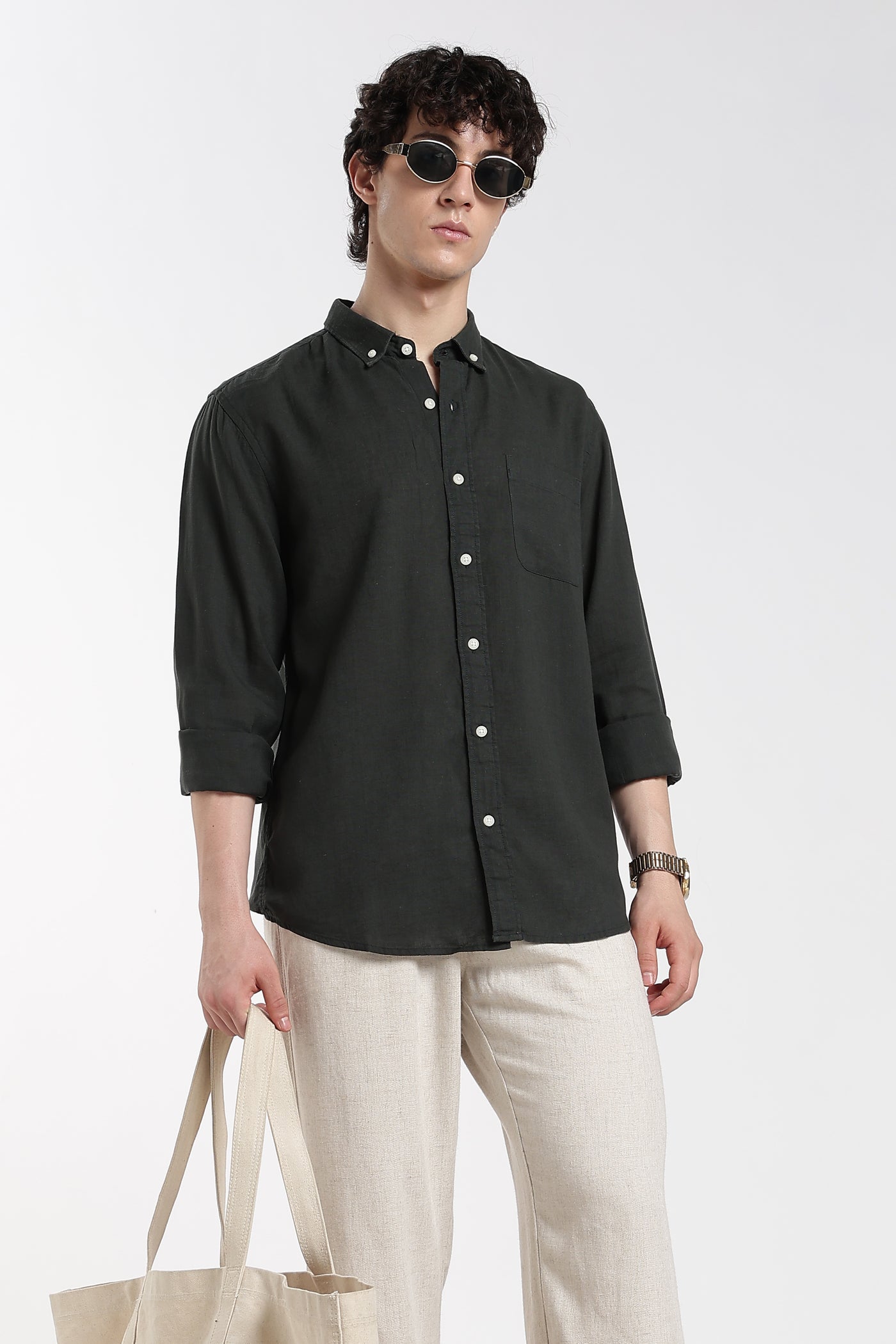 Men's Premium Linen Dark Forest Green Shirt