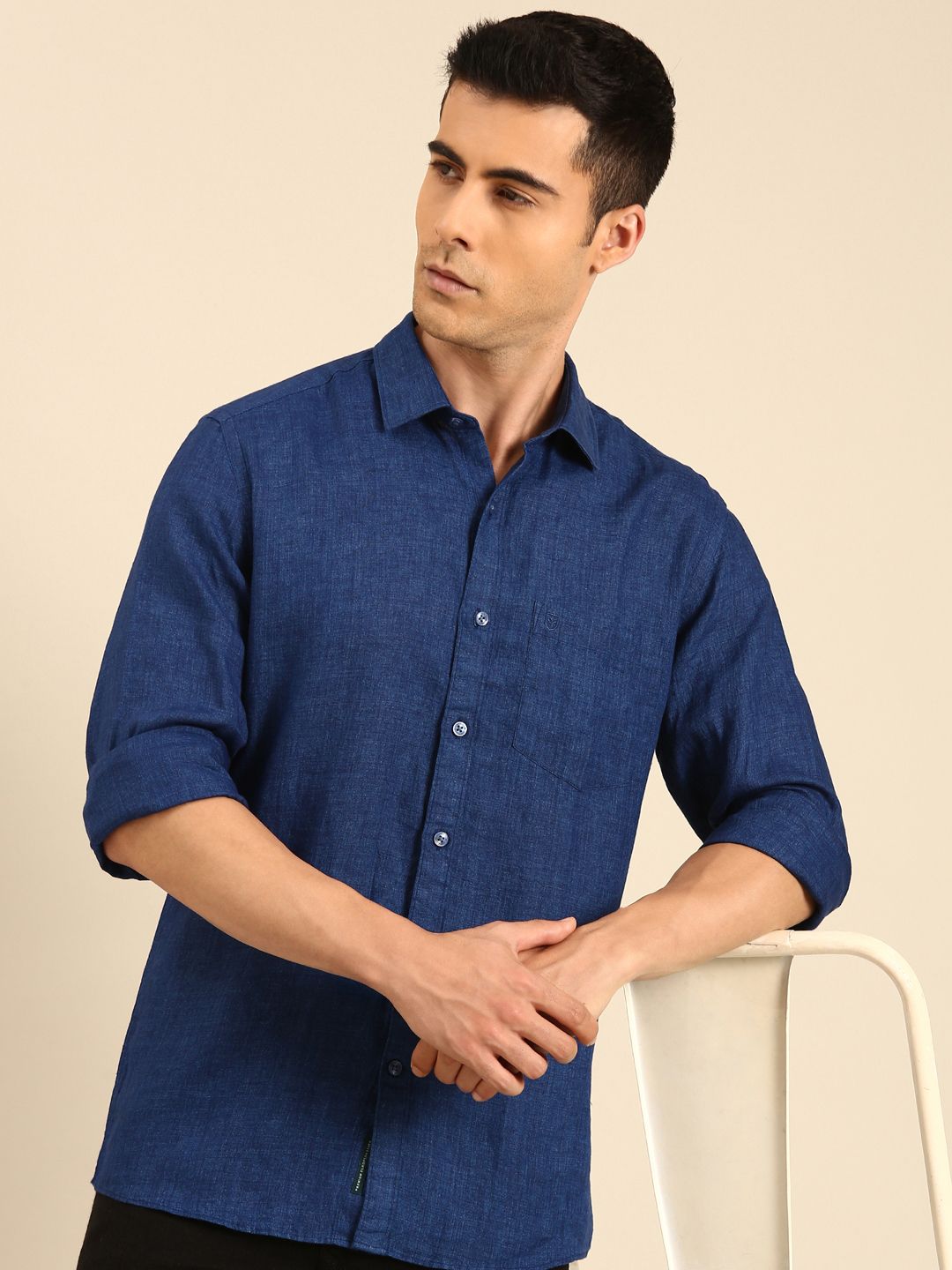 Linen Blend Navy Solid Contemporary Fit Full Sleeves Casual Shirt