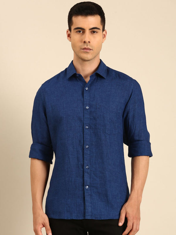 Linen Blend Navy Solid Contemporary Fit Full Sleeves Casual Shirt