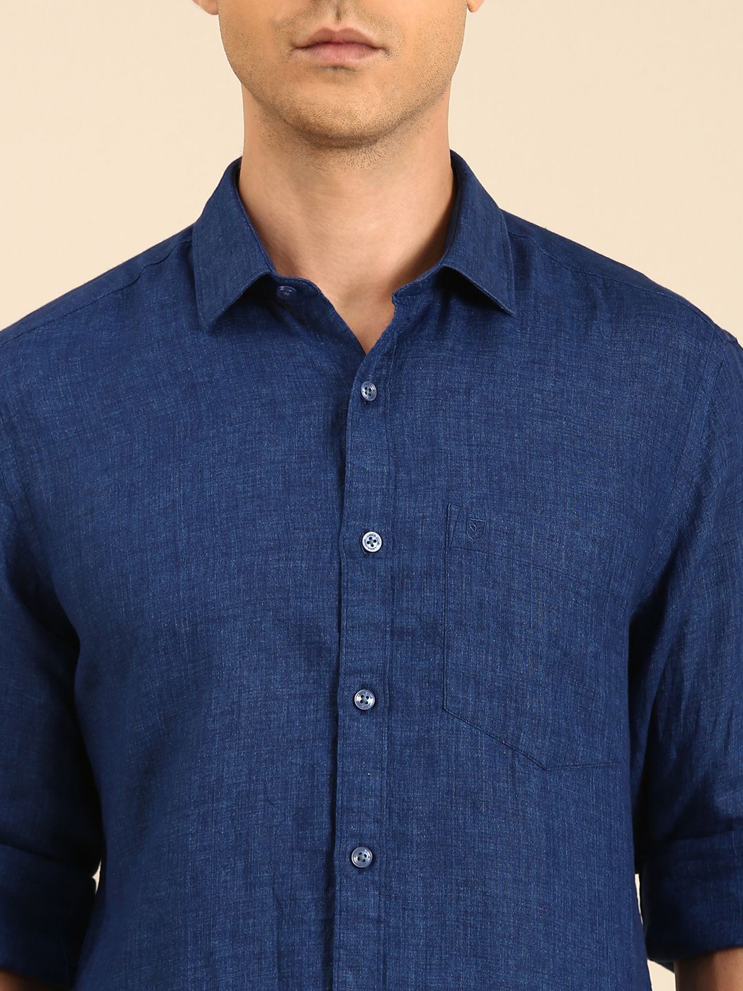 Linen Blend Navy Solid Contemporary Fit Full Sleeves Casual Shirt