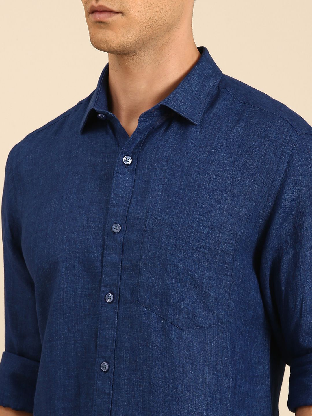 Linen Blend Navy Solid Contemporary Fit Full Sleeves Casual Shirt