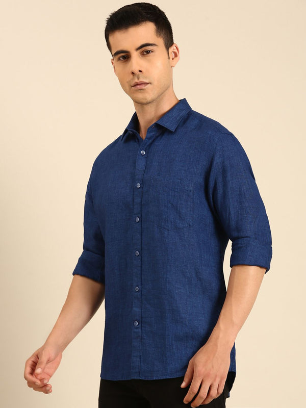 Linen Blend Navy Solid Contemporary Fit Full Sleeves Casual Shirt